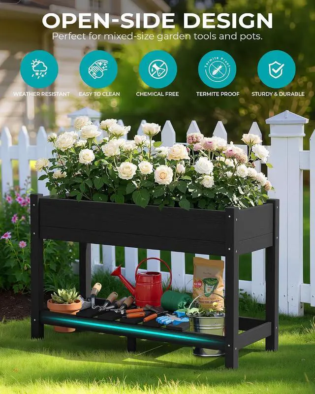 Alt view image 3 of 7 - Raised Garden Bed with Legs Set of 2, 43"×17"×30" Large HDPE Elevated Planter Box for Vegetables Flower Herb Patio, All Weather Use-Black
