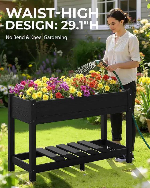 Alt view image 5 of 7 - Raised Garden Bed with Legs Set of 2, 43"×17"×30" Large HDPE Elevated Planter Box for Vegetables Flower Herb Patio, All Weather Use-Black