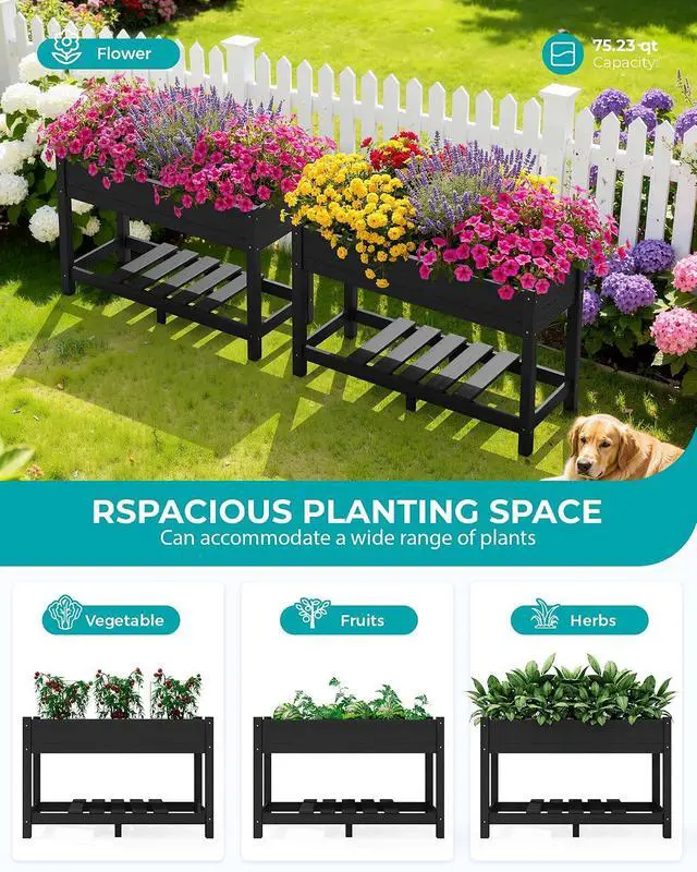 Alt view image 6 of 7 - Raised Garden Bed with Legs Set of 2, 43"×17"×30" Large HDPE Elevated Planter Box for Vegetables Flower Herb Patio, All Weather Use-Black