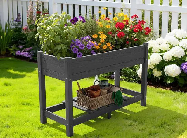 Alt view image 7 of 7 - Raised Garden Bed with Legs Set of 2, 43"×17"×30" Large HDPE Elevated Planter Box for Vegetables Flower Herb Patio, All Weather Use- Gray