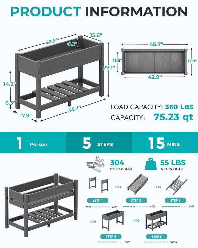 Alt view image 2 of 7 - Raised Garden Bed with Legs Set of 2, 43"×17"×30" Large HDPE Elevated Planter Box for Vegetables Flower Herb Patio, All Weather Use- Gray