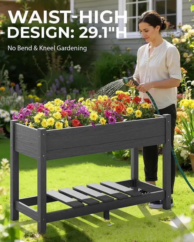 Alt view image 5 of 7 - Raised Garden Bed with Legs Set of 2, 43"×17"×30" Large HDPE Elevated Planter Box for Vegetables Flower Herb Patio, All Weather Use- Gray