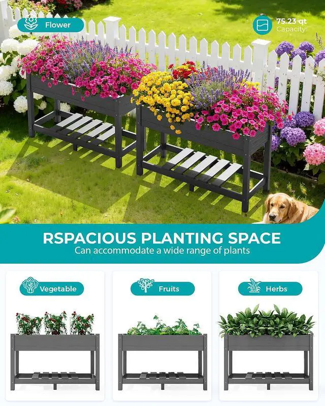 Alt view image 6 of 7 - Raised Garden Bed with Legs Set of 2, 43"×17"×30" Large HDPE Elevated Planter Box for Vegetables Flower Herb Patio, All Weather Use- Gray
