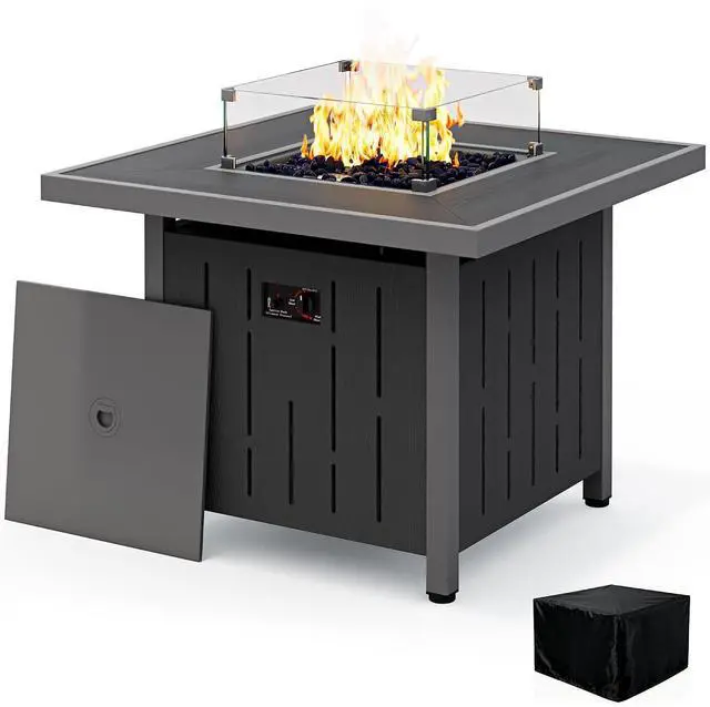 Main image of 33" Outdoor Fire Pit Table, 50,000 BTU Square Propane Fire Pit Table with Lid, Glass Rock & Glass Wind Guard, HDPE Outdoor Furniture for Patio, Garden, Backyard, Black
