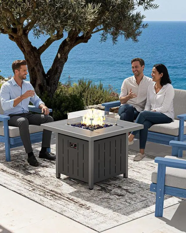 Alt view image 2 of 7 - 33" Outdoor Fire Pit Table, 50,000 BTU Square Propane Fire Pit Table with Lid, Glass Rock & Glass Wind Guard, HDPE Outdoor Furniture for Patio, Garden, Backyard, Black