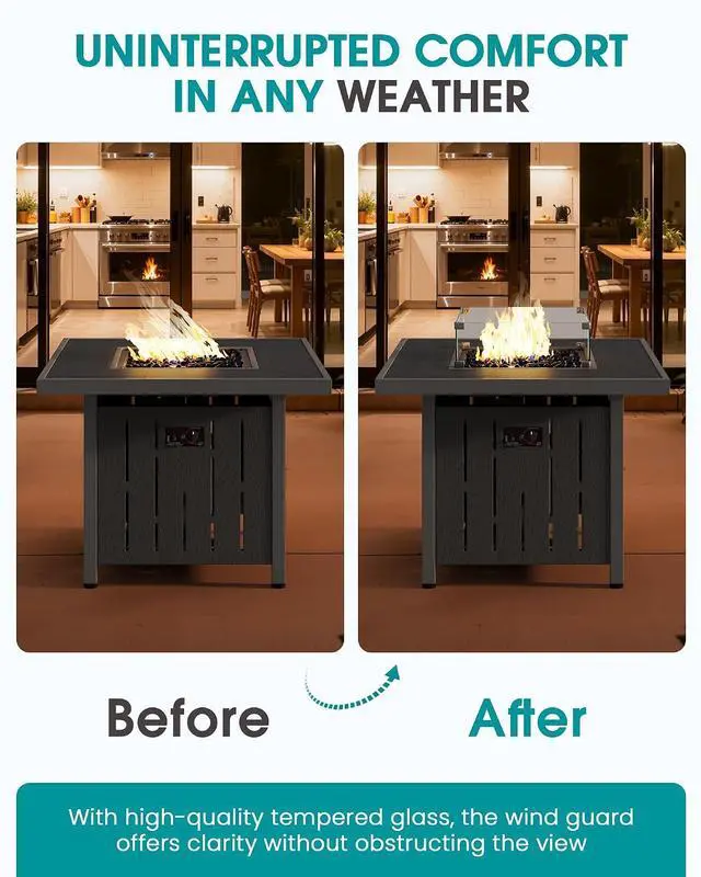 Alt view image 4 of 7 - 33" Outdoor Fire Pit Table, 50,000 BTU Square Propane Fire Pit Table with Lid, Glass Rock & Glass Wind Guard, HDPE Outdoor Furniture for Patio, Garden, Backyard, Black