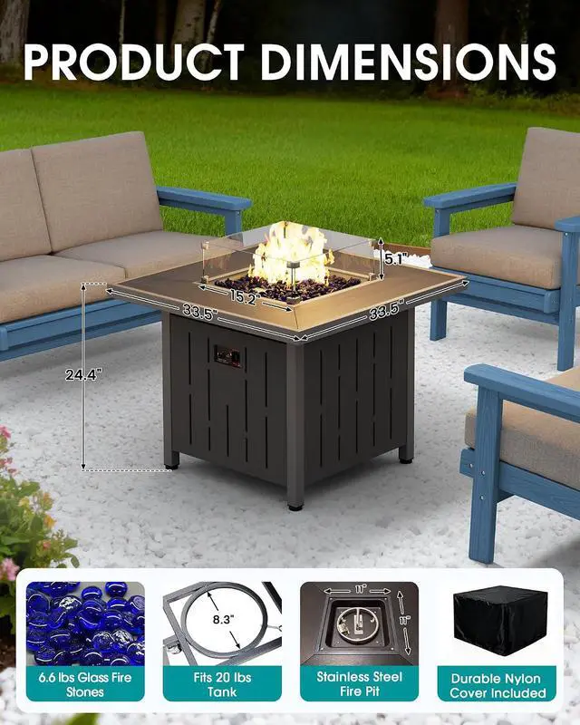 Alt view image 6 of 7 - 33" Outdoor Fire Pit Table, 50,000 BTU Square Propane Fire Pit Table with Lid, Glass Rock & Glass Wind Guard, HDPE Outdoor Furniture for Patio, Garden, Backyard, Black