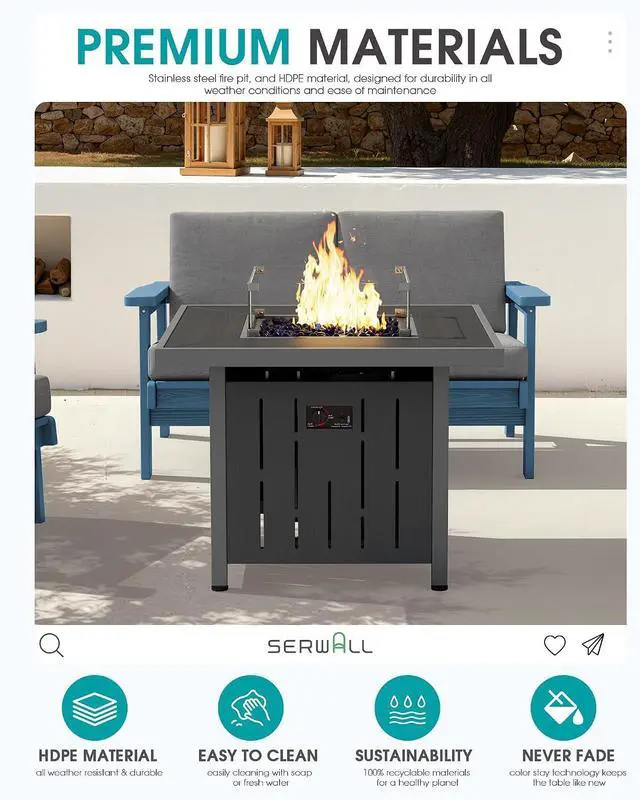 Alt view image 5 of 7 - 33" Outdoor Fire Pit Table, 50,000 BTU Square Propane Fire Pit Table with Lid, Glass Rock & Glass Wind Guard, HDPE Outdoor Furniture for Patio, Garden, Backyard, Black