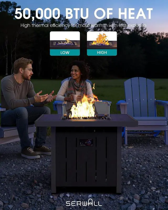 Alt view image 7 of 7 - 33" Outdoor Fire Pit Table, 50,000 BTU Square Propane Fire Pit Table with Lid, Glass Rock & Glass Wind Guard, HDPE Outdoor Furniture for Patio, Garden, Backyard, Black
