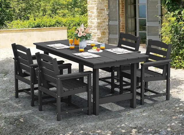 Alt view image 6 of 7 - Patio Dining Table Sets 5-Piece, Outdoor HDPE Dining Furniture Set with Umbrella Hole Cut-Out Table and 4 Chairs, All Weather Dining Set for Lawn, Garden, Backyard, Poolside, Black
