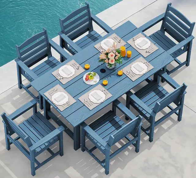 Main image of 7-Piece Patio Dining Table Sets, Outdoor HDPE Dining Furniture Set with Umbrella Hole Cut-Out Table and 6 Chairs, Blue