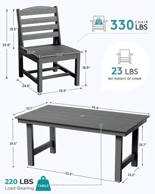 Alt view image 2 of 7 - Patio Dining Sets for 6 Person, HDPE Dining Set with 6 Armless Chairs, Gray