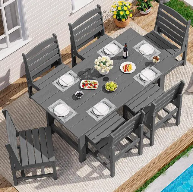Main image of Patio Dining Sets for 6 Person, HDPE Dining Set with 6 Armless Chairs, Gray
