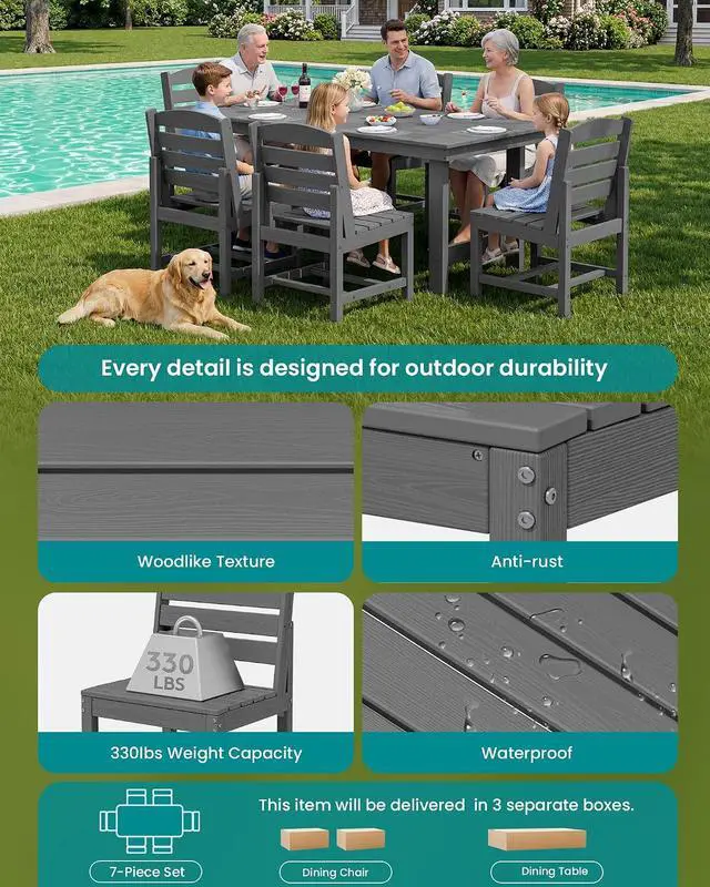 Alt view image 7 of 7 - Patio Dining Sets for 6 Person, HDPE Dining Set with 6 Armless Chairs, Gray