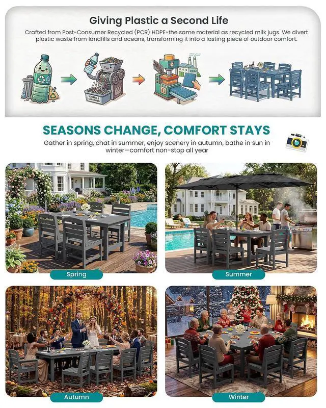 Alt view image 6 of 7 - Patio Dining Sets for 6 Person, HDPE Dining Set with 6 Armless Chairs, Gray