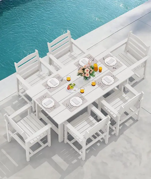 Alt view image 7 of 7 - Patio Table Set, Outdoor HDPE Dining Set with Umbrella Hole, 5-Piece - Table and 4 Chairs, All Weather for Lawn, Garden, Poolside, White