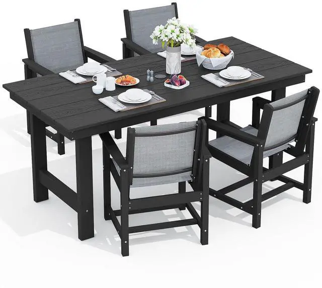 Main image of 5 Piece Patio Dining Sets, Outdoor HDPE Dining Furniture Set with Umbrella Hole Cut-Out Table and 4 Woven Chairs, Gray