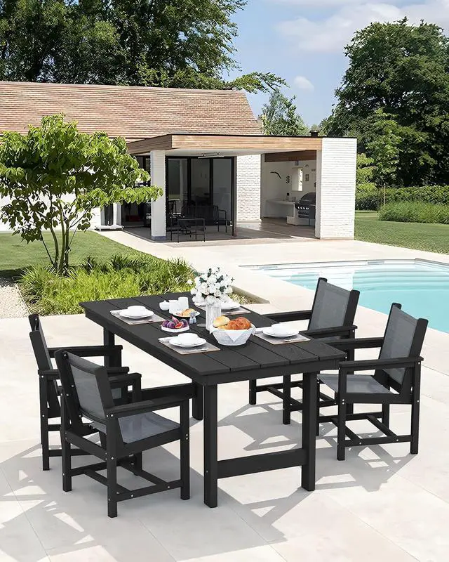 Alt view image 7 of 7 - 5 Piece Outdoor Dining Table Sets for 4 with 1 Umbrella Hole Cut-Out Rectangular Table and 4 Textilene Chairs, HDPE Dining Table Sets for Garden, Backyard, Poolside, Black