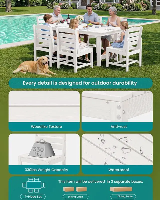 Alt view image 6 of 7 - Patio Dining Sets for 6 Person, HDPE Dining Set with 6 Armless Chairs, White