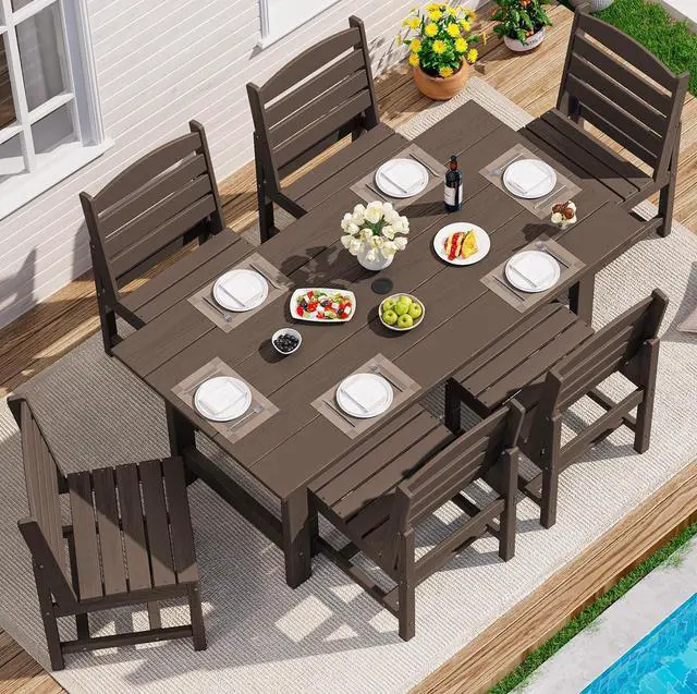 Main image of Patio Dining Sets for 6 Person, HDPE Dining Set with 6 Armless Chairs, Coffee