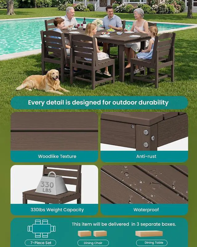 Alt view image 7 of 7 - Patio Dining Sets for 6 Person, HDPE Dining Set with 6 Armless Chairs, Coffee
