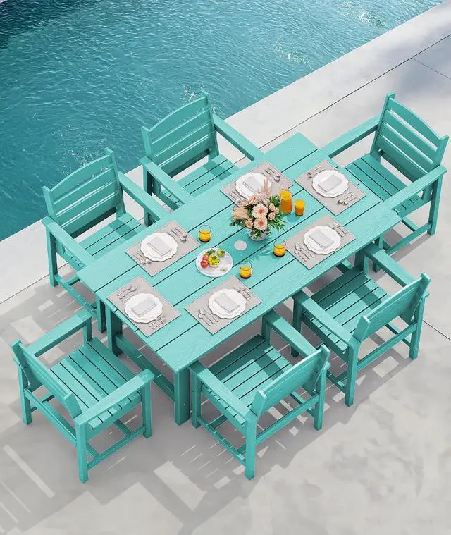Alt view image 7 of 7 - 6-Person Outdoor Dining Table - 67" Rectangle HDPE Patio Table with Center Umbrella Hole, Weatherproof, Aruba