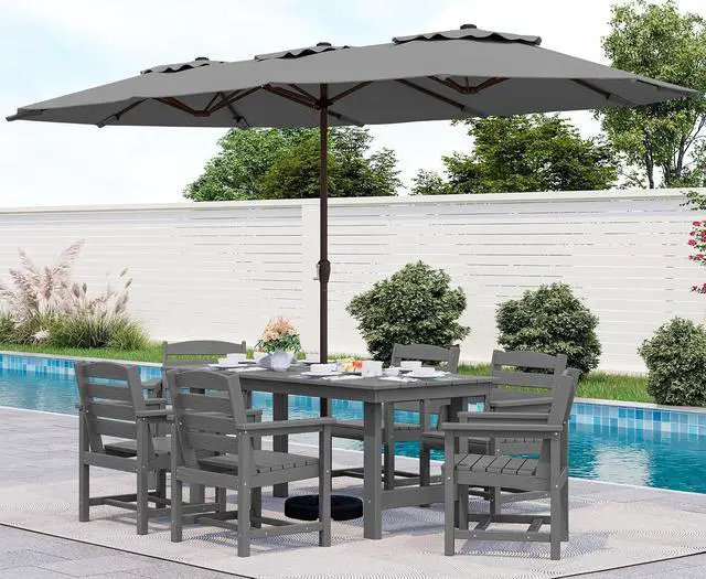 Main image of 8-Piece Patio Dining Sets with 15FT Double Side Patio Umbrella, Outdoor HDPE Dining Furniture Set with Umbrella Hole Cut-Out Table and 6 Chairs, GrayUmbreall Base not Included