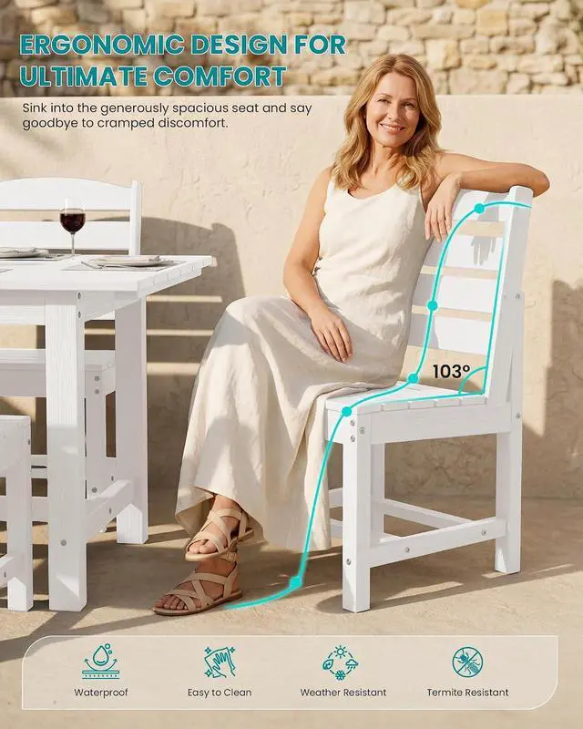 Alt view image 3 of 7 - Patio Dining Sets for 6 Person, HDPE Dining Set with 6 Armless Chairs, White