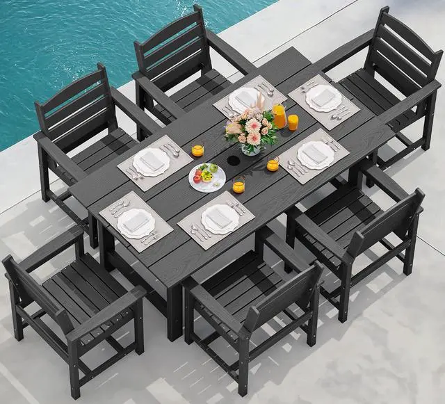 Main image of 7-Piece Patio Dining Table Sets, Outdoor HDPE Dining Furniture Set with Umbrella Hole Cut-Out Table and 6 Chairs, Black