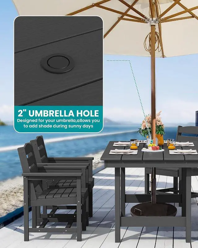 Alt view image 3 of 7 - Patio Dining Table Sets 5-Piece, Outdoor HDPE Dining Furniture Set with Umbrella Hole Cut-Out Table and 4 Chairs, All Weather Dining Set for Lawn, Garden, Backyard, Poolside, Black