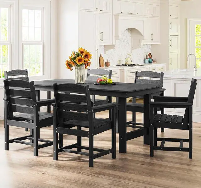 Alt view image 7 of 7 - Patio Dining Table Sets 5-Piece, Outdoor HDPE Dining Furniture Set with Umbrella Hole Cut-Out Table and 4 Chairs, All Weather Dining Set for Lawn, Garden, Backyard, Poolside, Black