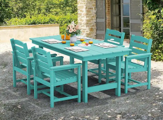 Alt view image 7 of 7 - Patio Table Set, 5-Piece Outdoor HDPE Furniture with Umbrella Hole, All Weather Dining Table and Chairs for Lawn, Garden, Poolside, Aruba