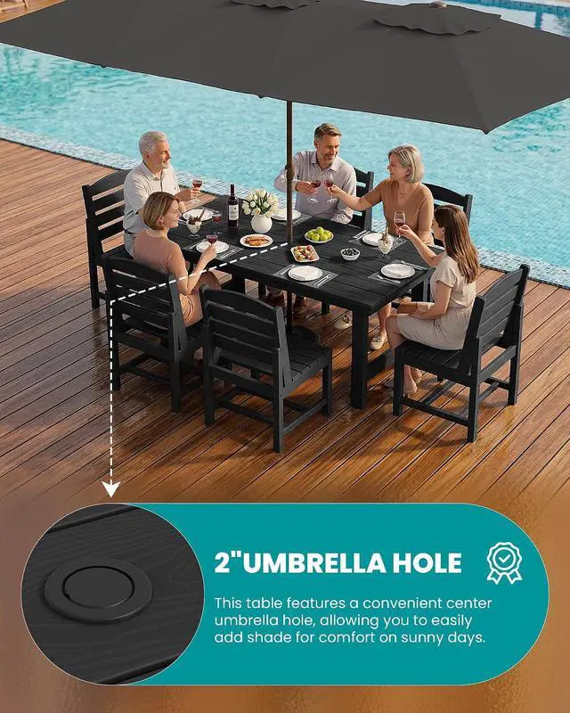 Alt view image 5 of 7 - Patio Dining Sets for 10 Person, HDPE Dining Set with 2 Tables, 8 Armless Chairs and 2 Armed Dining Chairs, Black