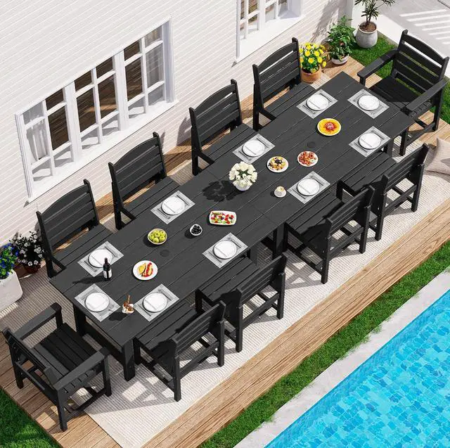 Main image of Patio Dining Sets for 10 Person, HDPE Dining Set with 2 Tables, 8 Armless Chairs and 2 Armed Dining Chairs, Black