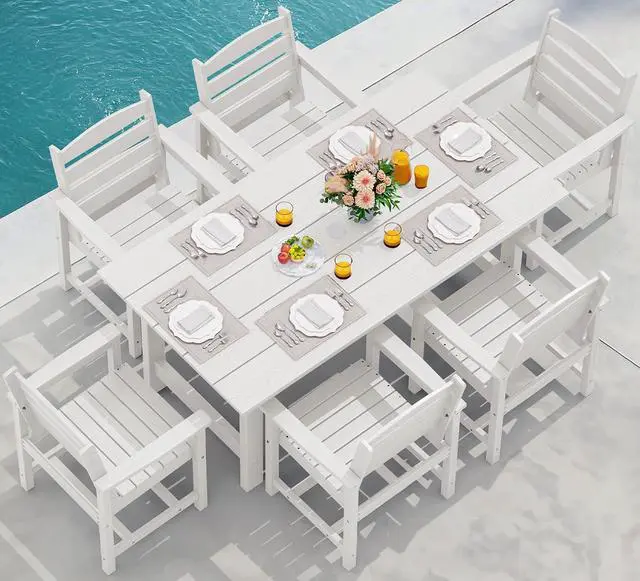 Main image of 7-Piece Patio Dining Table Sets, Outdoor HDPE Dining Furniture Set with Umbrella Hole Cut-Out Table and 6 Chairs, White
