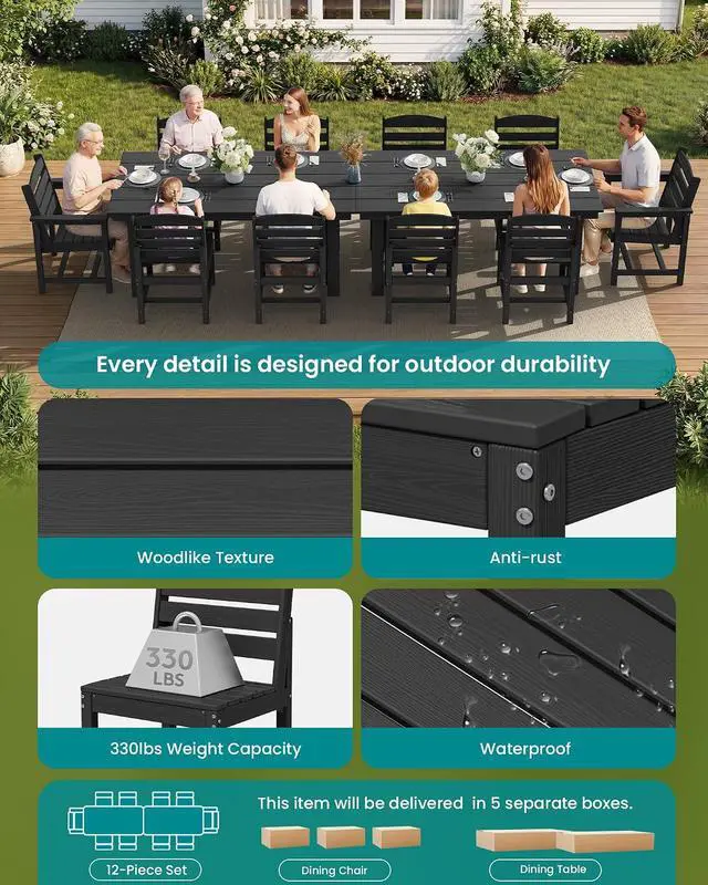 Alt view image 7 of 7 - Patio Dining Sets for 10 Person, HDPE Dining Set with 2 Tables, 8 Armless Chairs and 2 Armed Dining Chairs, Black