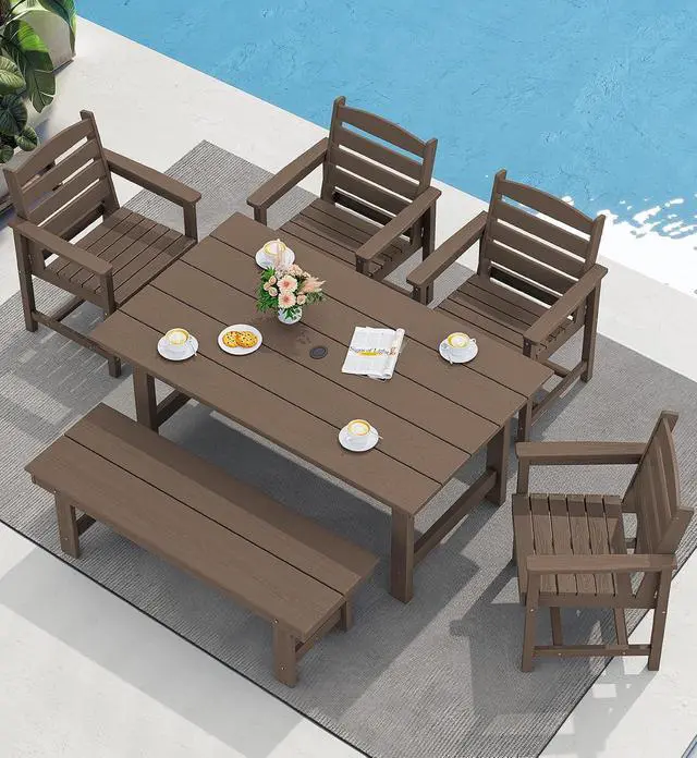 Alt view image 6 of 7 - 6-Person Outdoor Dining Table - 67" Rectangle HDPE Patio Table with Center Umbrella Hole, Weatherproof, Coffee