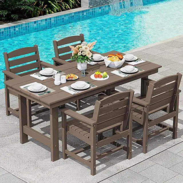 Alt view image 5 of 7 - 6-Person Outdoor Dining Table - 67" Rectangle HDPE Patio Table with Center Umbrella Hole, Weatherproof, Coffee