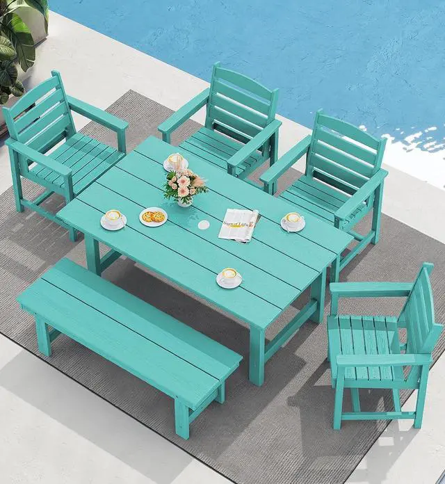 Main image of Outdoor Dining Set for 6, HDPE Dining Furniture Set with Umbrella Hole Cut-Out Table and 1 Dining Bench and 4 Chairs, All Weather Outdoor Dining Bench Sets, Aruba