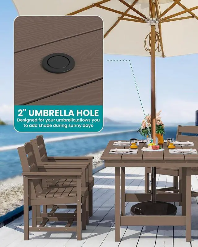 Alt view image 2 of 7 - 6-Person Outdoor Dining Table - 67" Rectangle HDPE Patio Table with Center Umbrella Hole, Weatherproof, Coffee
