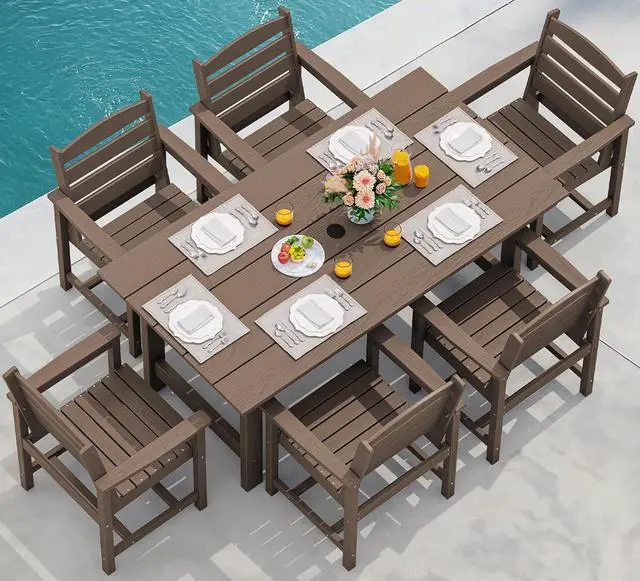 Main image of 7-Piece Patio Dining Table Sets, Outdoor HDPE Dining Furniture Set with Umbrella Hole Cut-Out Table and 6 Chairs, All Weather Dining Set for Lawn, Garden, Backyard, Poolside, Coffee