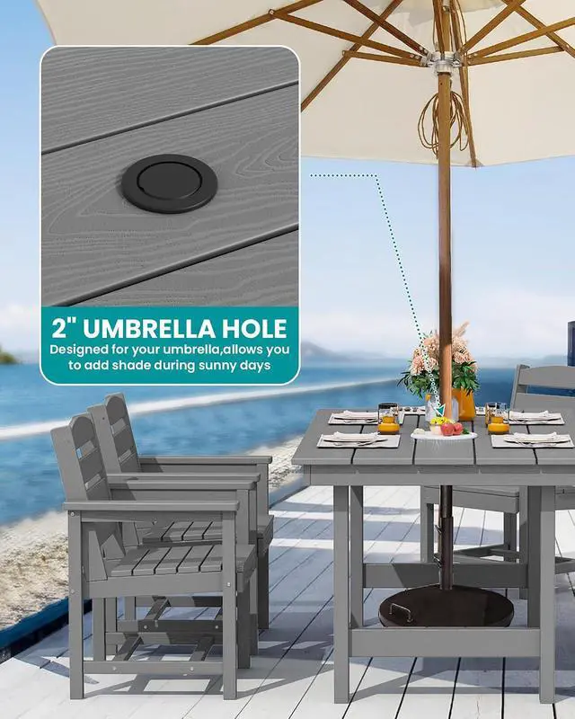 Alt view image 2 of 7 - 8-Piece Patio Dining Sets with 15FT Double Side Patio Umbrella, Outdoor HDPE Dining Furniture Set with Umbrella Hole Cut-Out Table and 6 Chairs, GrayUmbreall Base not Included