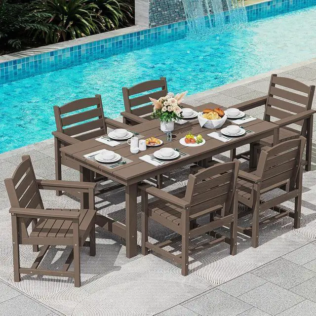 Alt view image 7 of 7 - 6-Person Outdoor Dining Table - 67" Rectangle HDPE Patio Table with Center Umbrella Hole, Weatherproof, Coffee