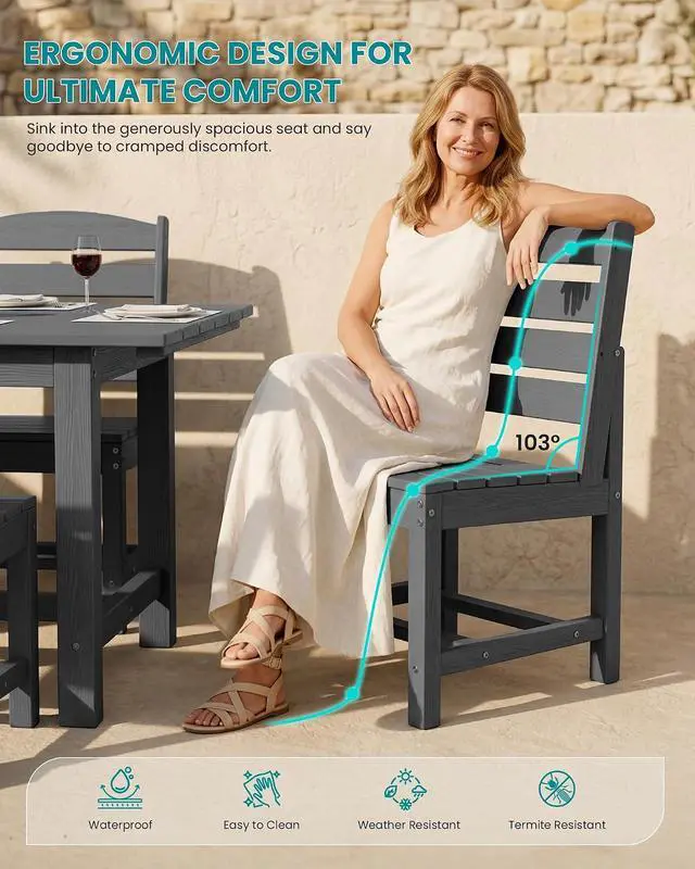 Alt view image 4 of 7 - Patio Dining Sets for 6 Person, HDPE Dining Set with 6 Armless Chairs, Gray