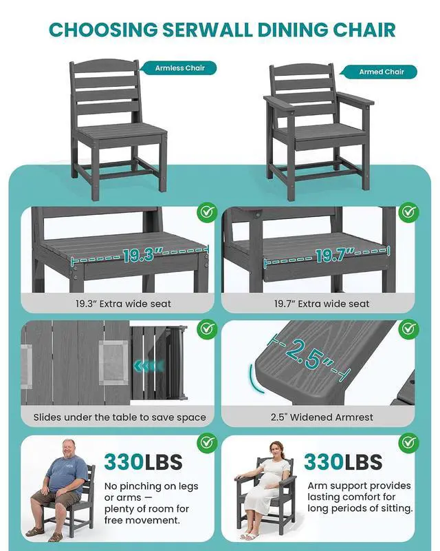 Alt view image 5 of 7 - Patio Dining Sets for 6 Person, HDPE Dining Set with 6 Armless Chairs, Gray
