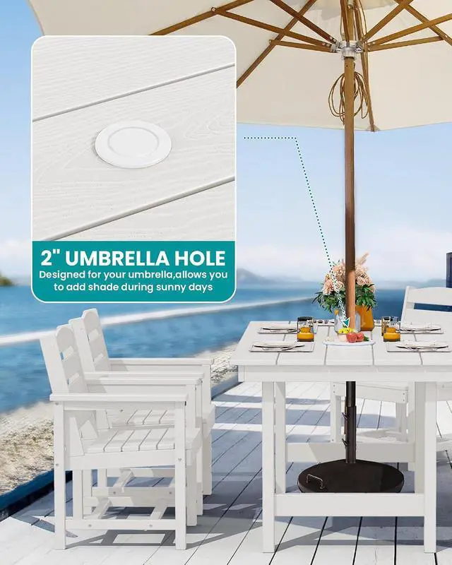 Alt view image 2 of 7 - 8-Piece Patio Dining Sets with 15FT Double Side Patio Umbrella, Outdoor HDPE Dining Furniture Set with Umbrella Hole Cut-Out Table and 6 Chairs, WhiteUmbreall Base not Included
