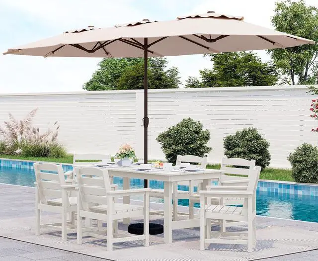 Main image of 8-Piece Patio Dining Sets with 15FT Double Side Patio Umbrella, Outdoor HDPE Dining Furniture Set with Umbrella Hole Cut-Out Table and 6 Chairs, WhiteUmbreall Base not Included