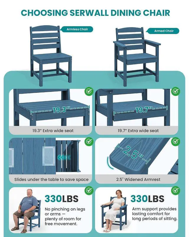 Alt view image 5 of 7 - Patio Dining Sets for 6 Person, HDPE Dining Set with 6 Armless Chairs, Blue