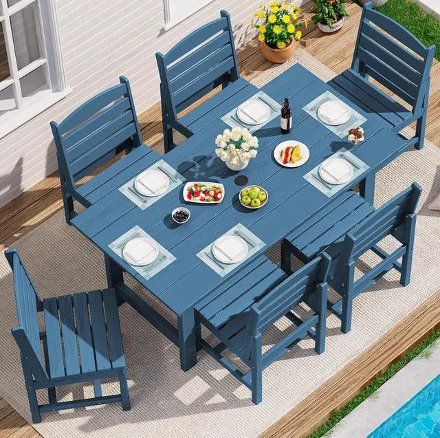 Main image of Patio Dining Sets for 6 Person, HDPE Dining Set with 6 Armless Chairs, Blue