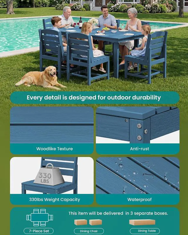 Alt view image 6 of 7 - Patio Dining Sets for 6 Person, HDPE Dining Set with 6 Armless Chairs, Blue